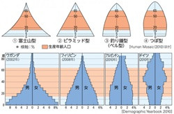 P 142図5人口ピラミッドのタイプと例 山川 二宮ictライブラリ