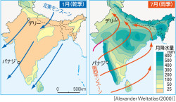 P 219図2南アジアの降水量分布と季節風 山川 二宮ictライブラリ