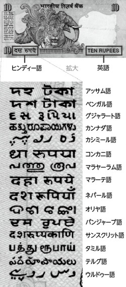 p.88図3インドの10ルピー紙幣（地A309「基本地理A」モノクロ図版