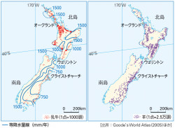 P 134図3ニュージーランドの牛 羊の分布と降水量 山川 二宮ictライブラリ