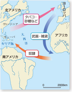 大西洋三角貿易(『中学歴史 日本と世界』107頁、モノクロ) | 山川 