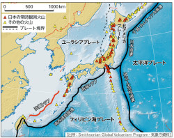 P 172図3日本付近のプレートと火山の分布 山川 二宮ictライブラリ